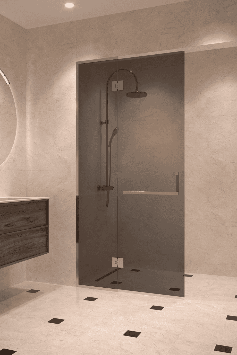 Framed shower screen with fixed part Hietakari Vetro 520, chrome fittings, black glass Framed shower screen with fixed part Hietakari Vetro 520, chrome fittings, black glass