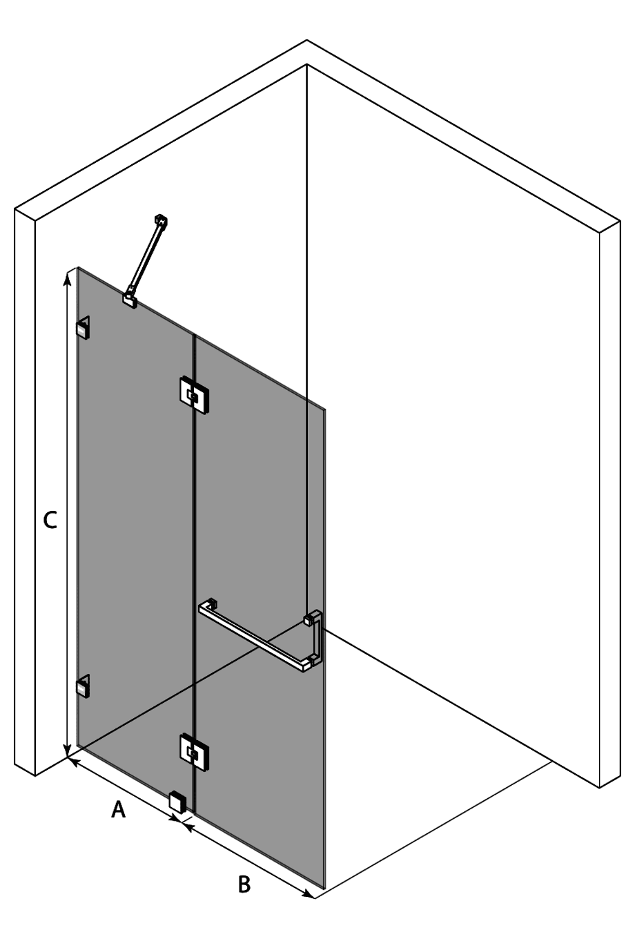 Hinged shower screen with fixed part Hietakari Vetro 521 – 3D drawing Hinged shower screen with fixed part Hietakari Vetro 521 – 3D drawing