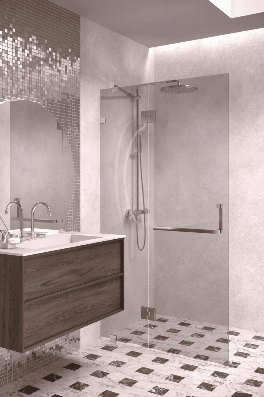 Hinged shower screen with fixed part Hietakari Vetro 521, chrome fittings, grey tinted glass Hinged shower screen with fixed part Hietakari Vetro 521, chrome fittings, grey tinted glass