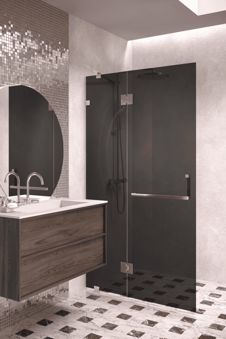 Hinged shower screen with fixed part Hietakari Vetro 521, chrome fittings, black glass Hinged shower screen with fixed part Hietakari Vetro 521, chrome fittings, black glass