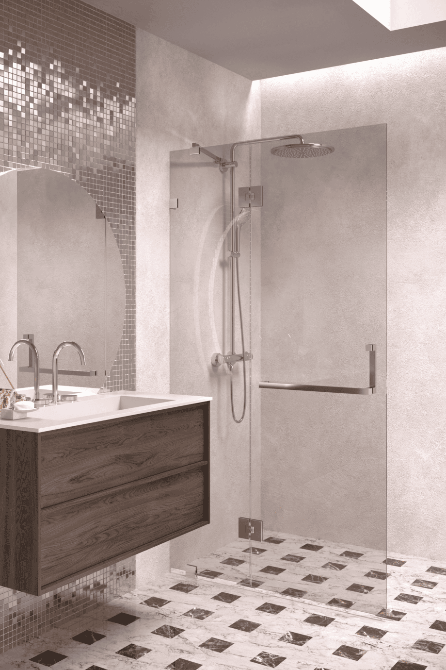 Hinged shower screen with fixed part Hietakari Vetro 521, chrome fittings, bronze tinted glass Hinged shower screen with fixed part Hietakari Vetro 521, chrome fittings, bronze tinted glass