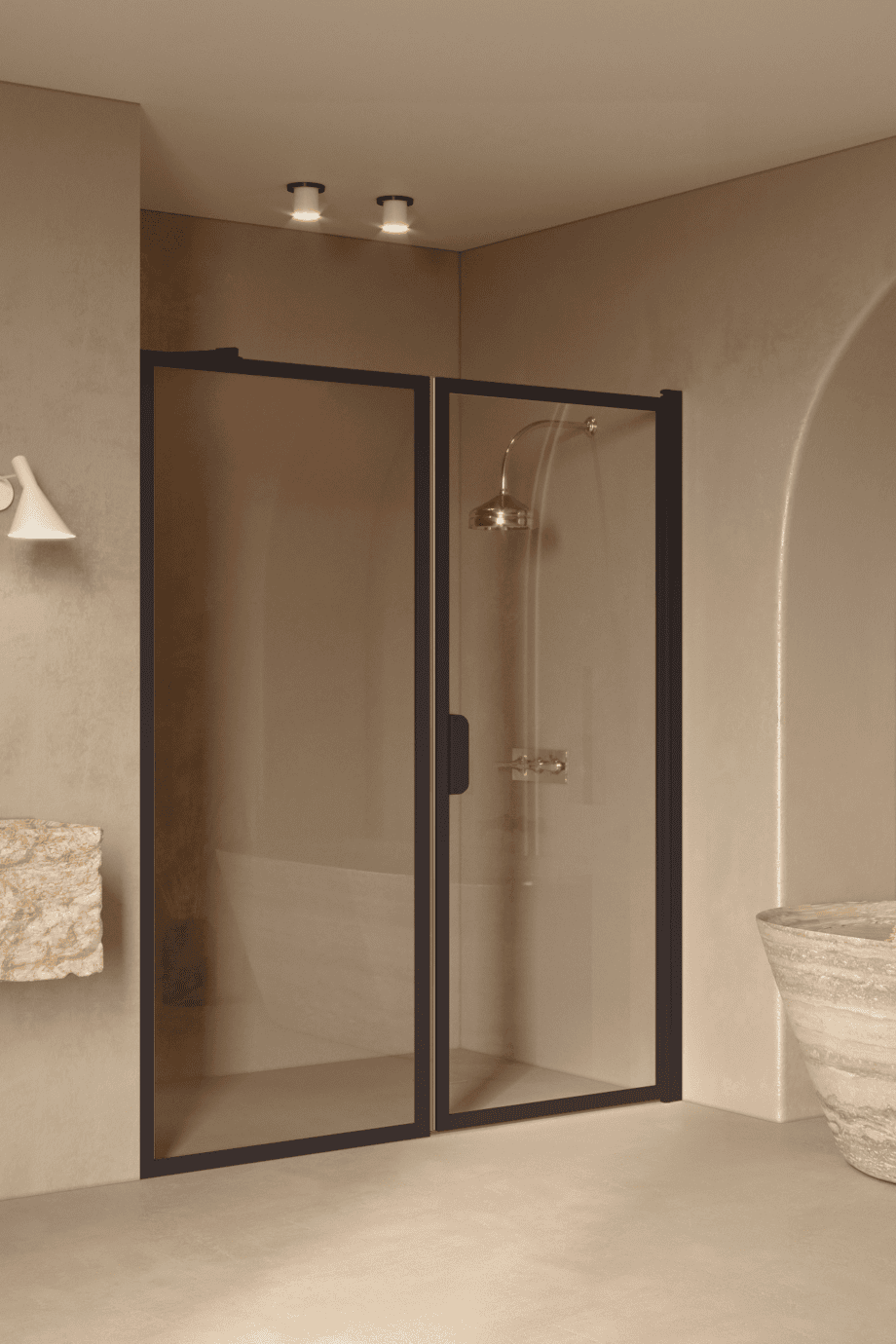 Alcove shower screen Hietakari Bläk 740 New York, Cocoa frame, clear glass Alcove shower screen Hietakari Bläk 740 New York, fixed wall + hinged door – 7