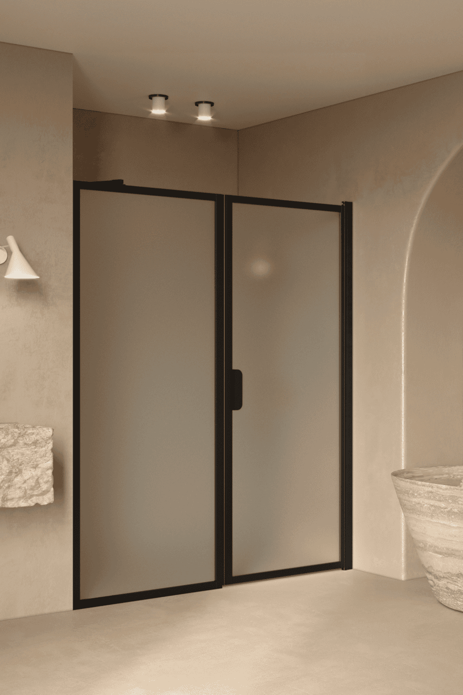 Alcove shower screen Hietakari Bläk 740 New York, Cocoa frame, satin frosted glass Alcove shower screen Hietakari Bläk 740 New York, Cocoa frame, satin frosted glass