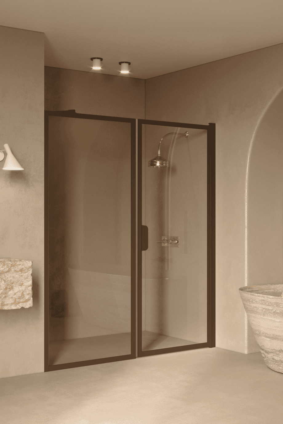 Alcove shower screen Hietakari Bläk 740 New York, Mocha frame, clear glass Alcove shower screen Hietakari Bläk 740 New York, fixed wall + hinged door – 6