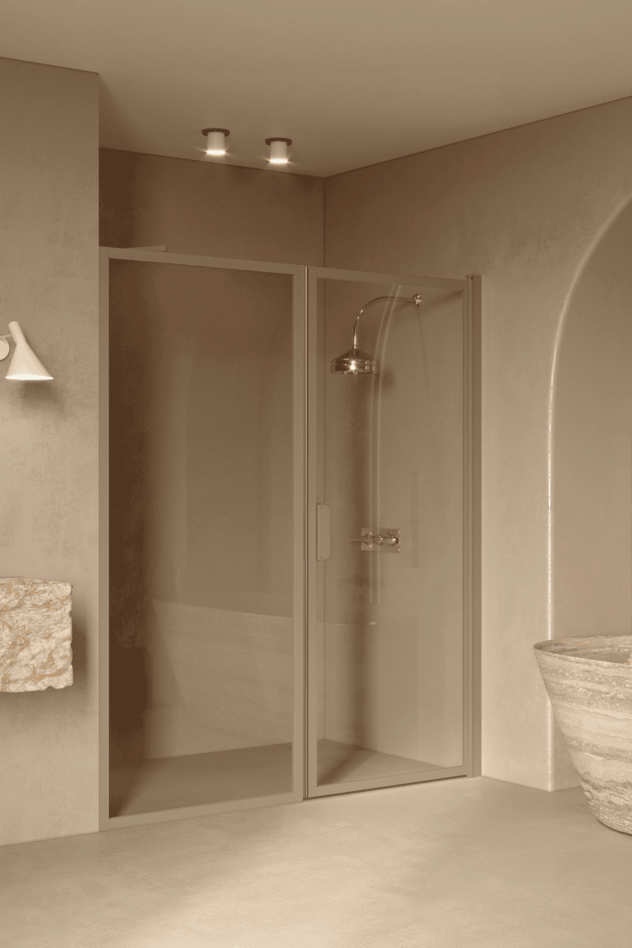 Alcove shower screen Hietakari Bläk 740 New York, Sand frame, grey tinted glass Alcove shower screen Hietakari Bläk 740 New York, Sand frame, grey tinted glass
