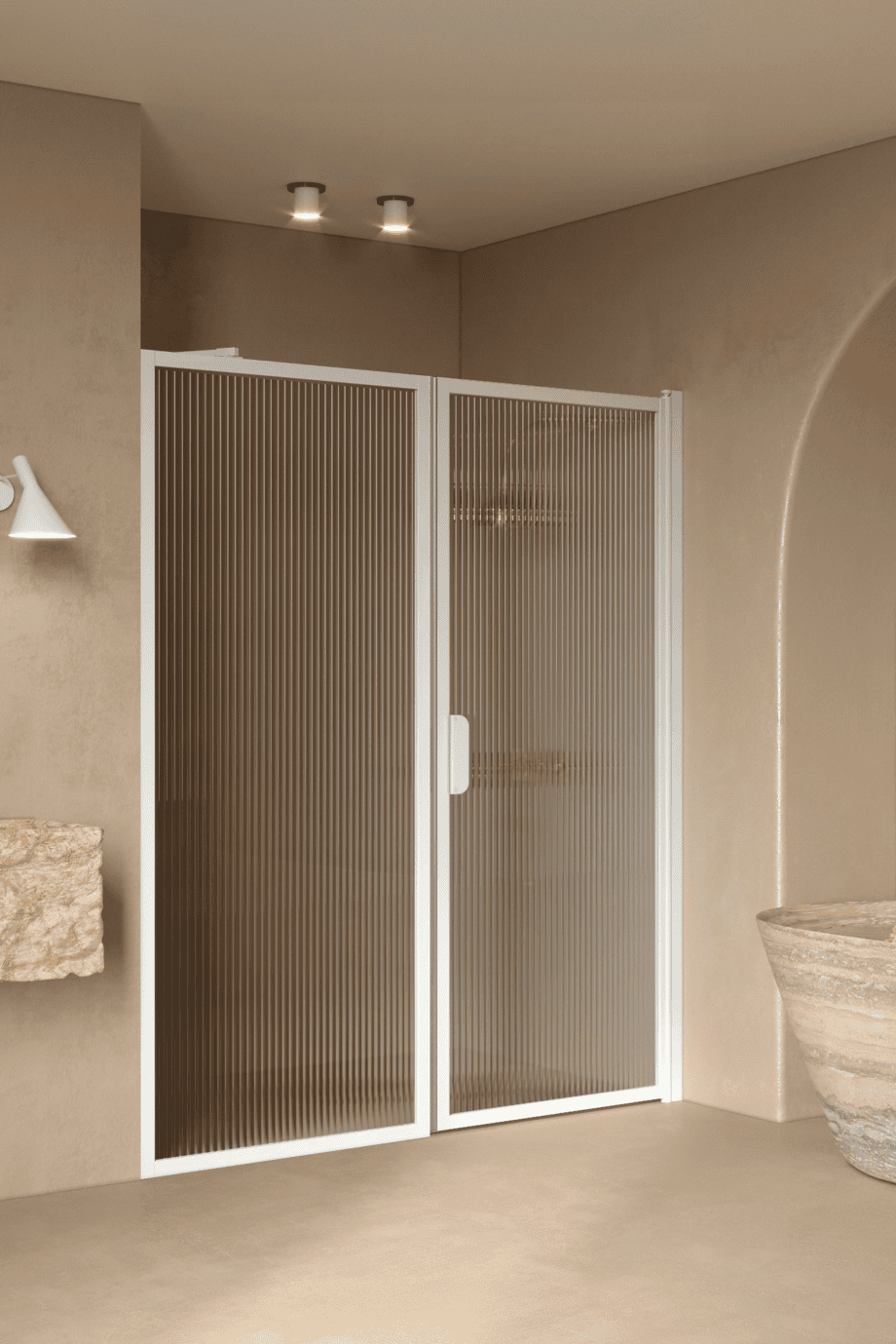 Alcove shower screen Hietakari Bläk 740 New York, Sand frame, reeded glass Alcove shower screen Hietakari Bläk 740 New York, Sand frame, reeded glass