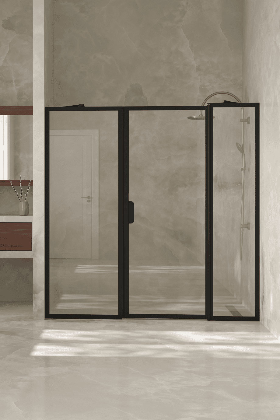 Alcove shower screen Hietakari Bläk 741 New York, Mocha frame, clear glass Alcove shower screen Hietakari Bläk 741 New York, fixed wall + hinged door with fixed part – 6