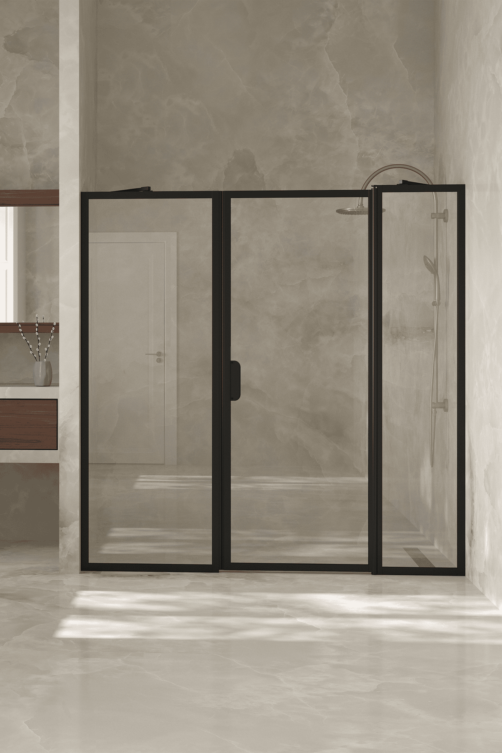 Alcove shower screen Hietakari Bläk 741 New York, fixed wall + hinged door with fixed part – 6