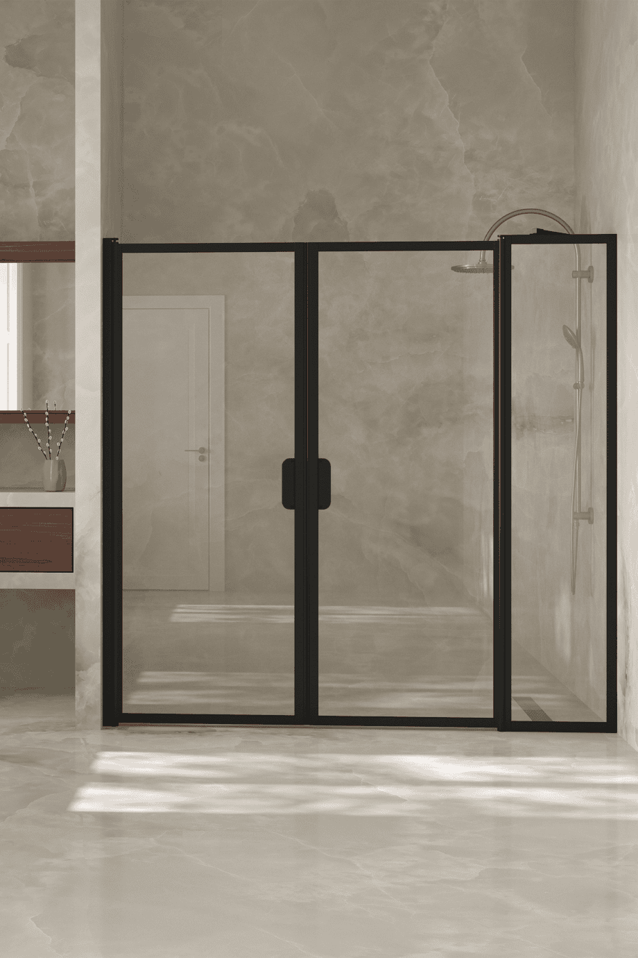 Alcove shower screen Hietakari Bläk 743 New York, black frame, reeded glass Alcove shower screen Hietakari Bläk 743 New York, black frame, reeded glass