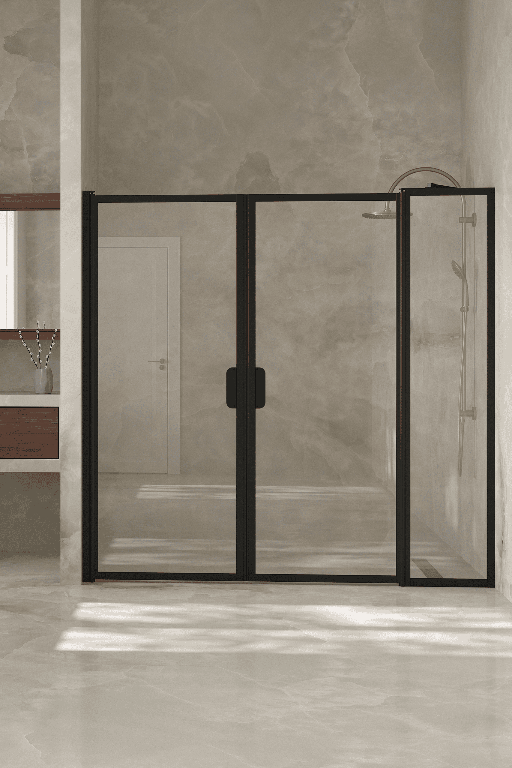 Alcove shower screen Hietakari Bläk 743 New York, hinged door + hinged door with fixed part