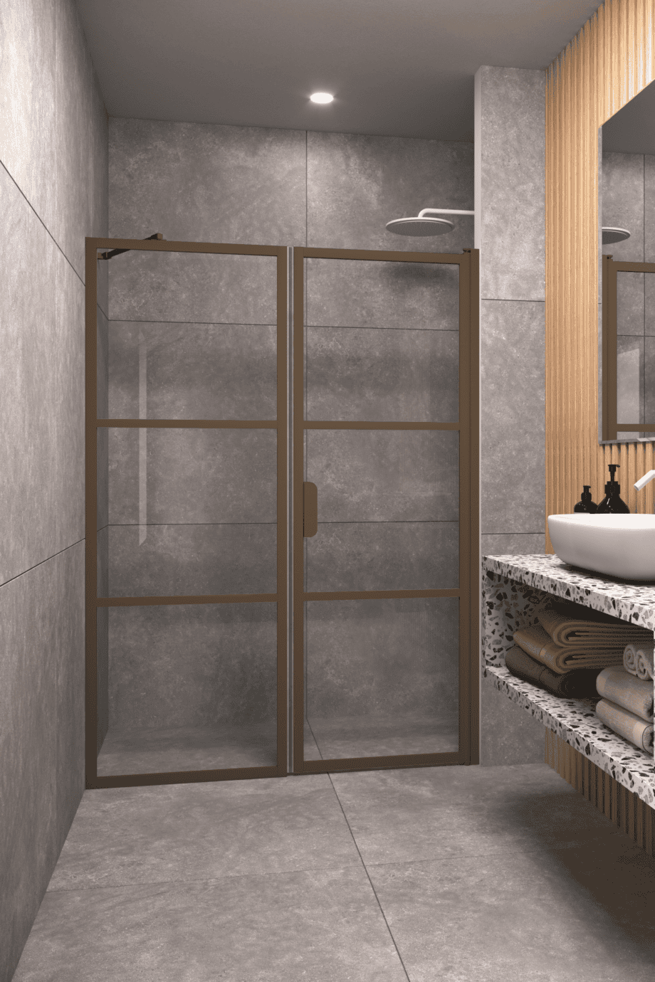 Alcove shower screen Hietakari Bläk 745 Tokyo, Mocha frame, grey tinted glass Alcove shower screen Hietakari Bläk 745 Tokyo, Mocha frame, grey tinted glass
