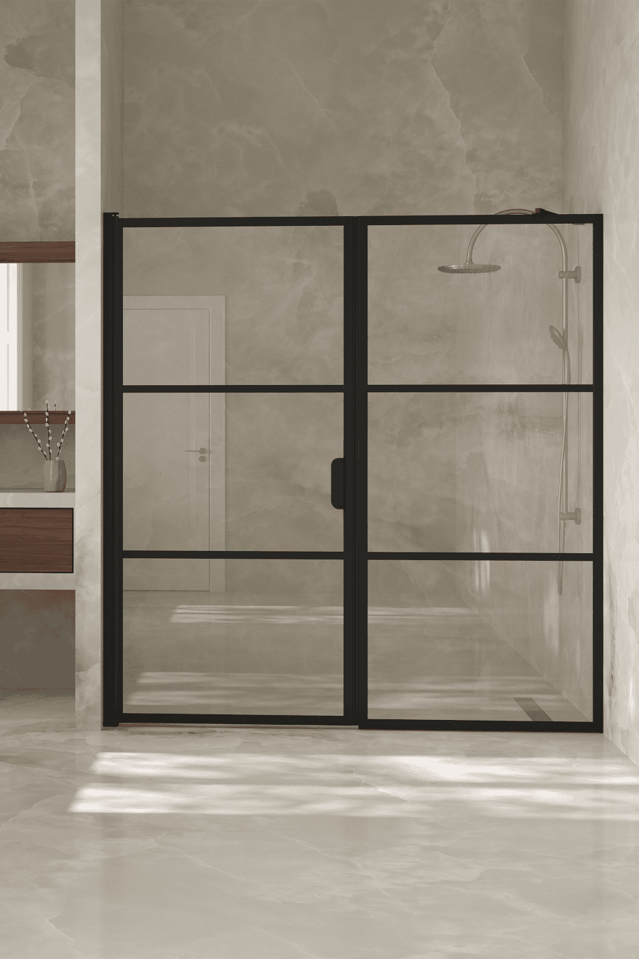 Alcove shower screen Hietakari Bläk 745 Tokyo, black frame, grey tinted glass Alcove shower screen Hietakari Bläk 745 Tokyo, black frame, grey tinted glass