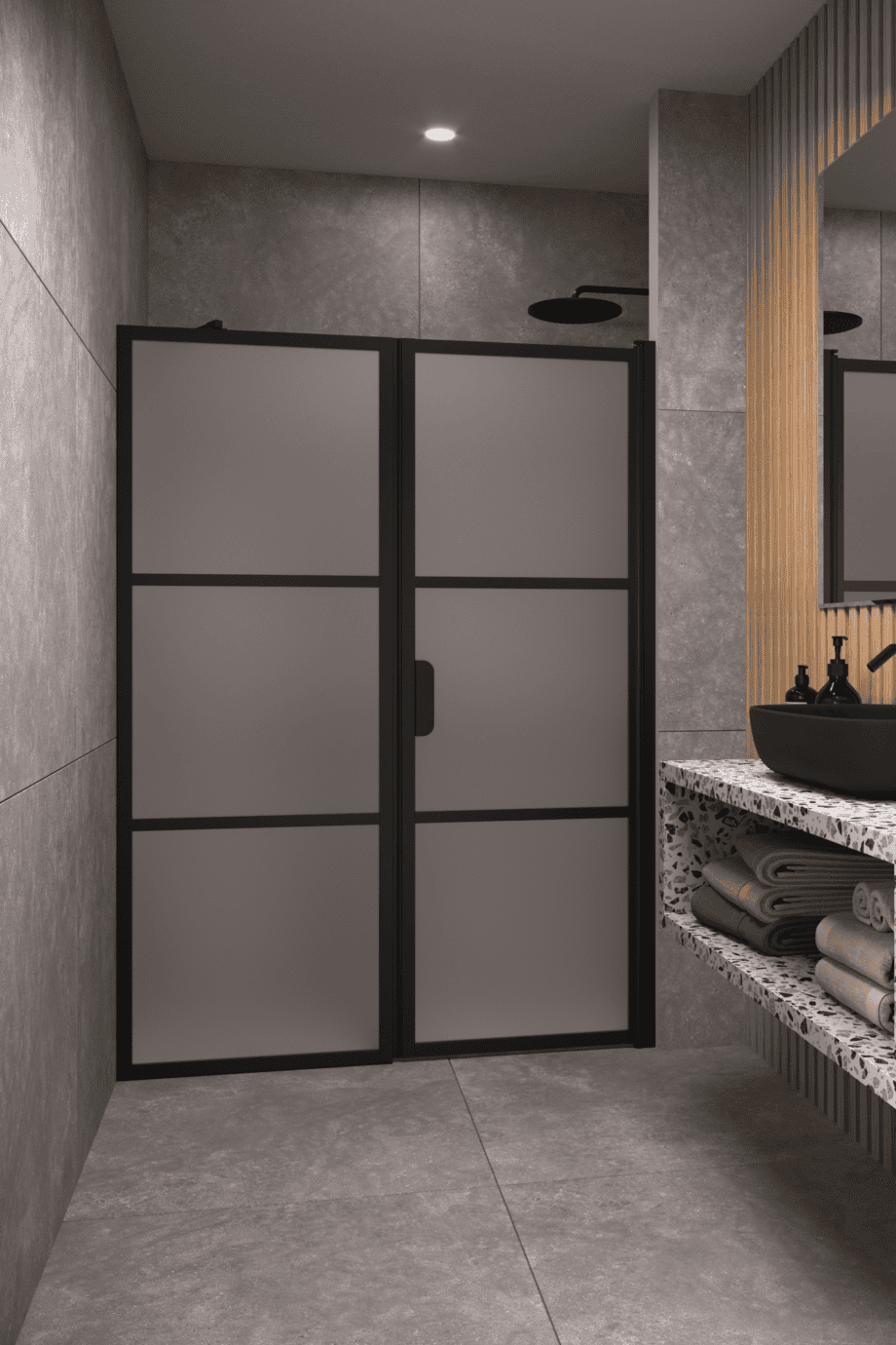 Alcove shower screen Hietakari Bläk 745 Tokyo, black frame, satin frosted glass Alcove shower screen Hietakari Bläk 745 Tokyo, black frame, satin frosted glass