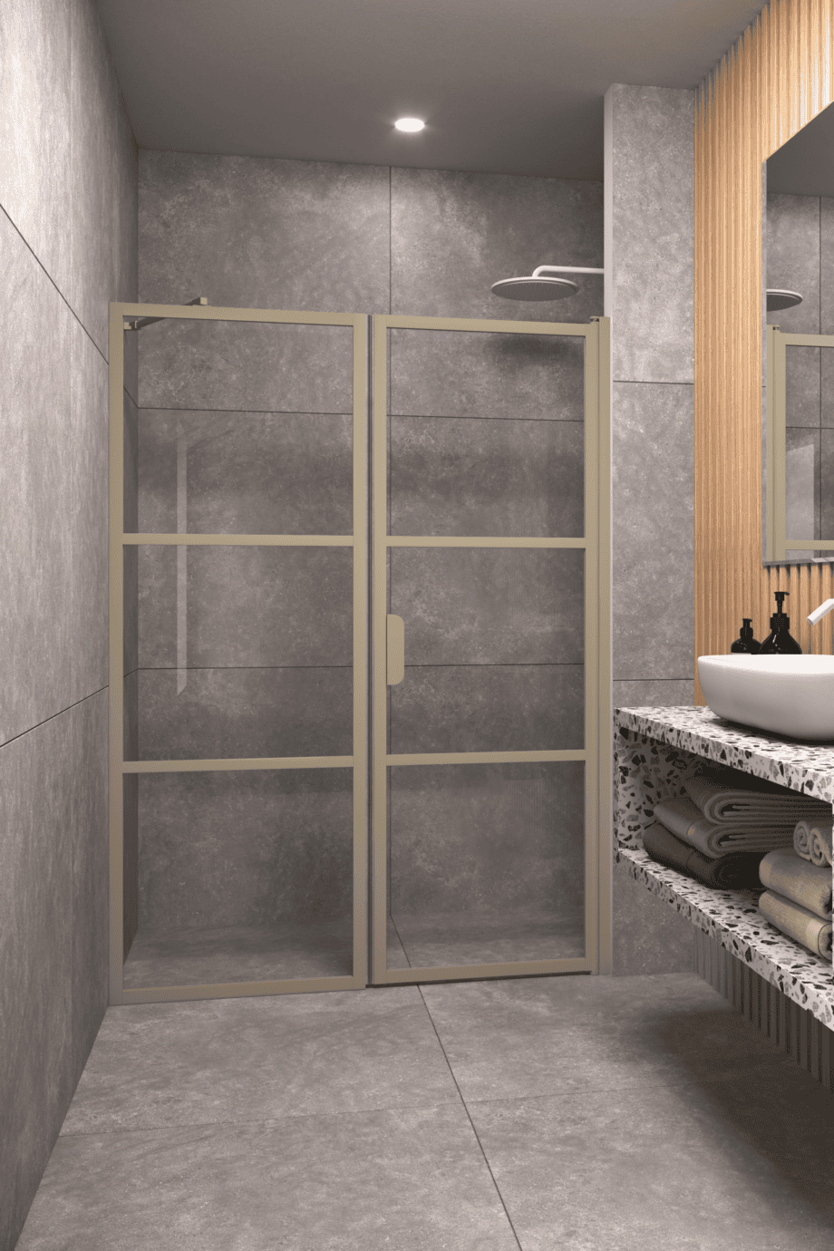 Alcove shower screen Hietakari Bläk 745 Tokyo, Sand frame, grey tinted glass Alcove shower screen Hietakari Bläk 745 Tokyo, Sand frame, grey tinted glass
