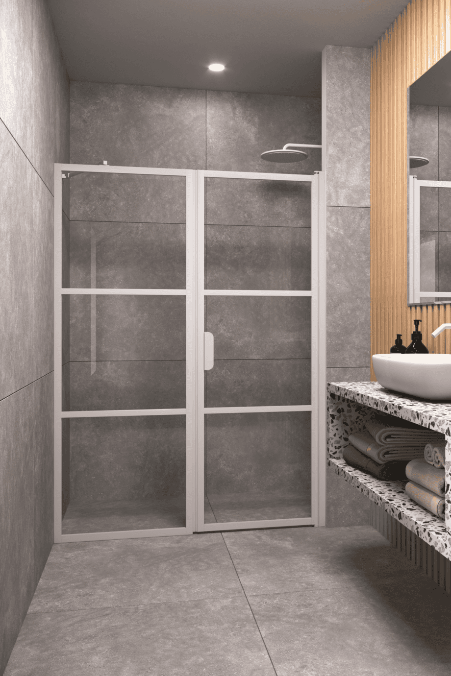 Alcove shower screen Hietakari Bläk 745 Tokyo, white frame, clear glass Alcove shower screen Hietakari Bläk 745 Tokyo, fixed wall + hinged door