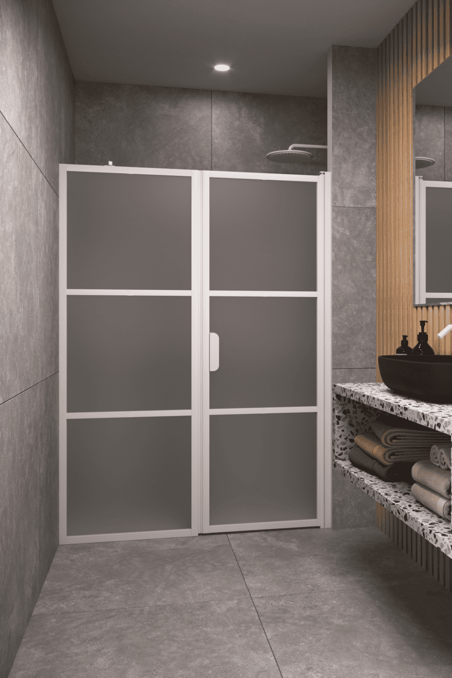 Alcove shower screen Hietakari Bläk 745 Tokyo, white frame, satin frosted glass Alcove shower screen Hietakari Bläk 745 Tokyo, white frame, satin frosted glass