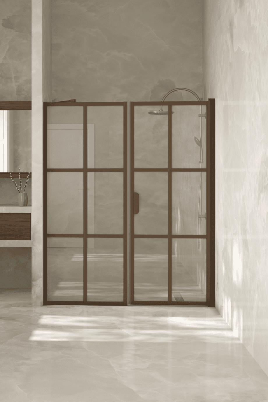Alcove shower screen Hietakari Bläk 750 Paris, Mocha frame, reeded glass