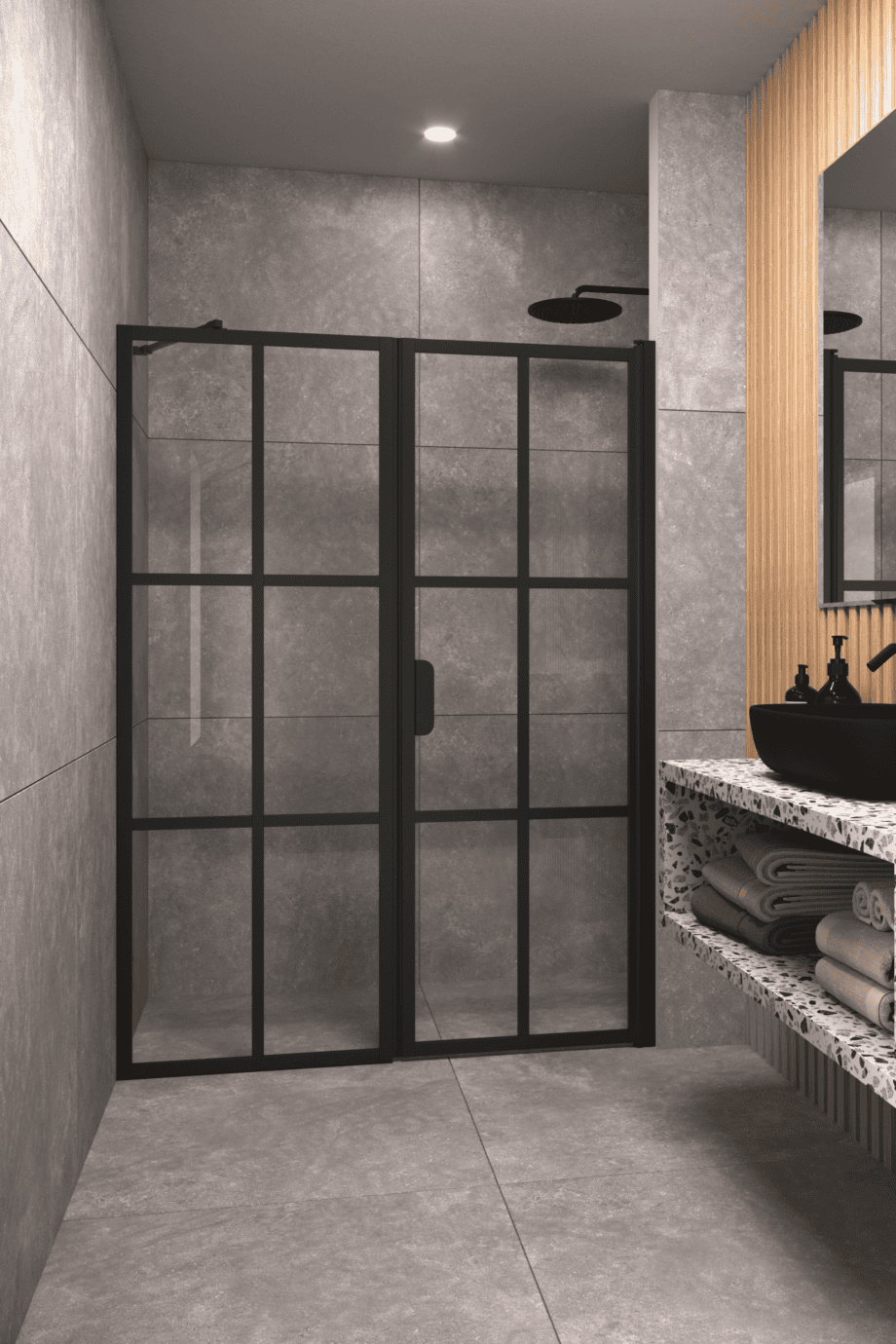 Alcove shower screen Hietakari Bläk 750 Paris, black frame, grey tinted glass