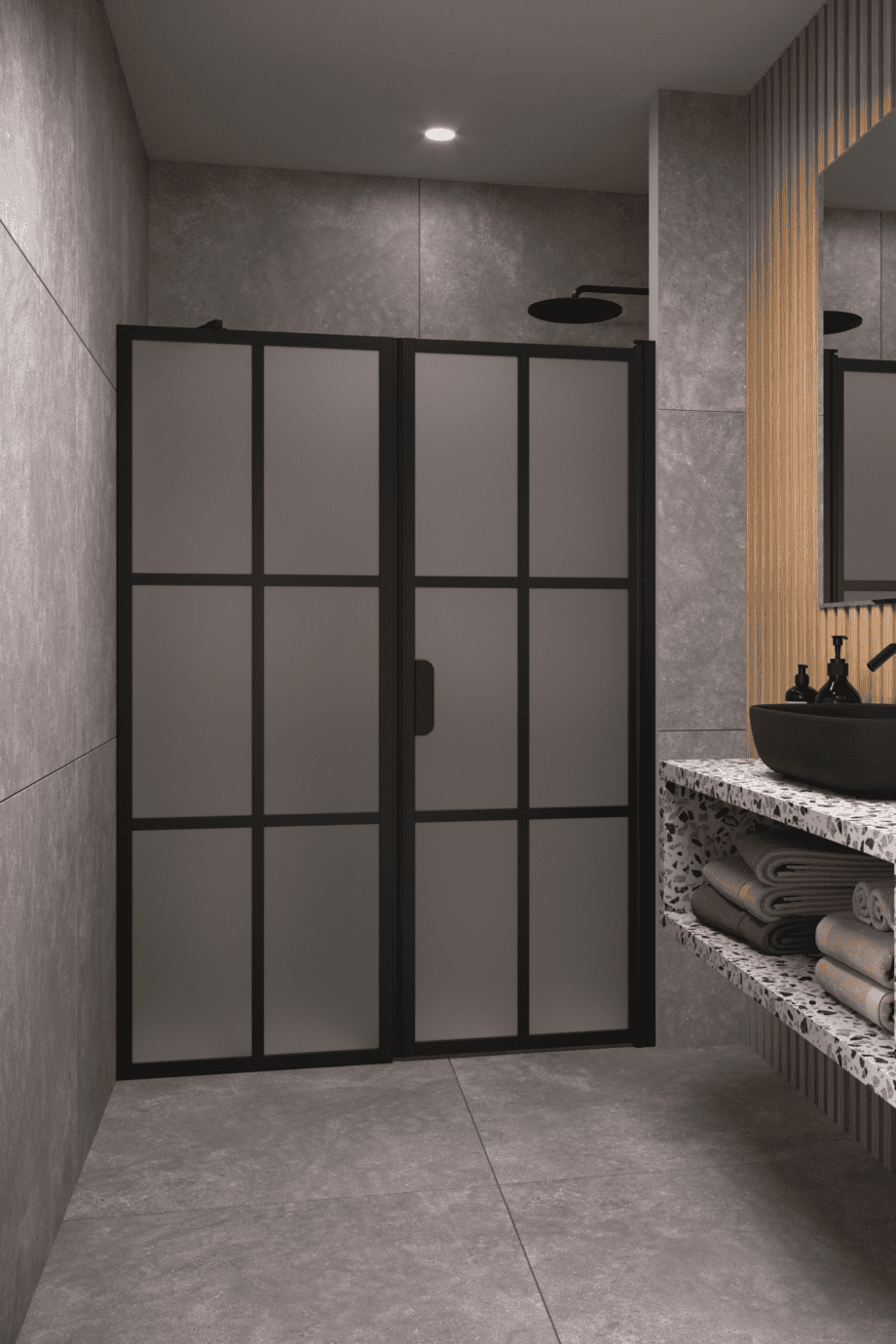 Alcove shower screen Hietakari Bläk 750 Paris, black frame, satin frosted glass