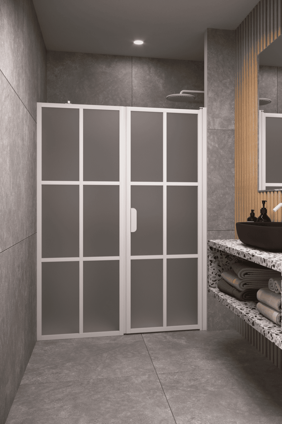 Alcove shower screen Hietakari Bläk 750 Paris, white frame, satin frosted glass