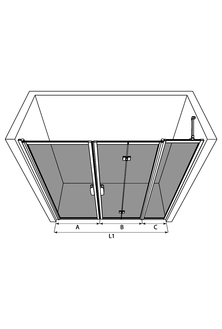 Alcove shower screen Hietakari Bläk 833 New York – 3D drawing Alcove shower screen Hietakari Bläk 833 New York – 3D drawing