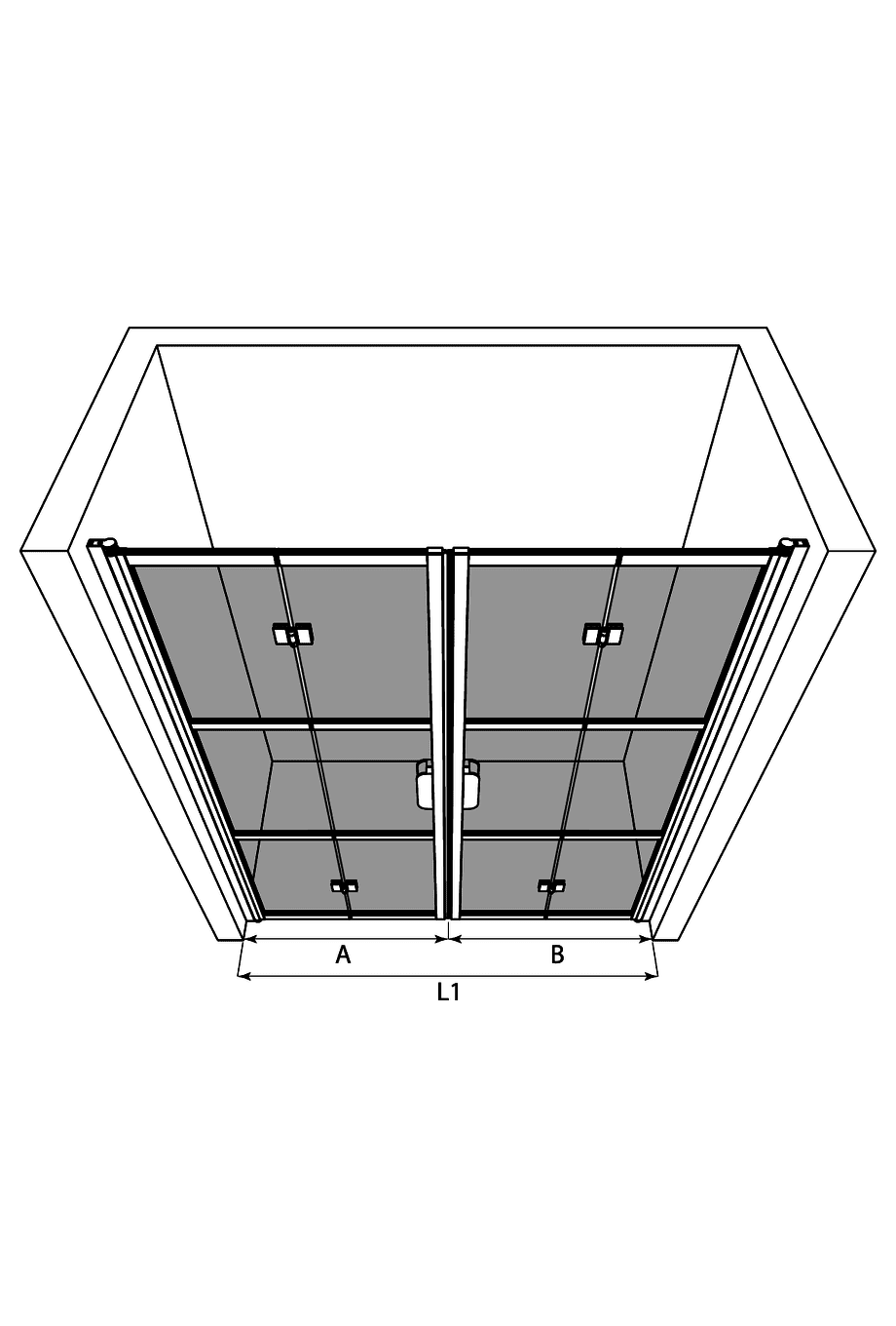 Alcove shower screen Hietakari Bläk 837 Tokyo – 3D drawing Alcove shower screen Hietakari Bläk 837 Tokyo – 3D drawing