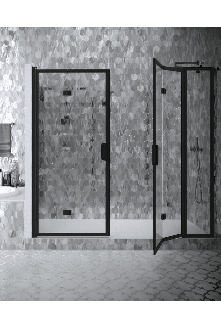 Alcove shower screen Hietakari Bläk 838 New York, hinged door + hinged door with fixed part – 4