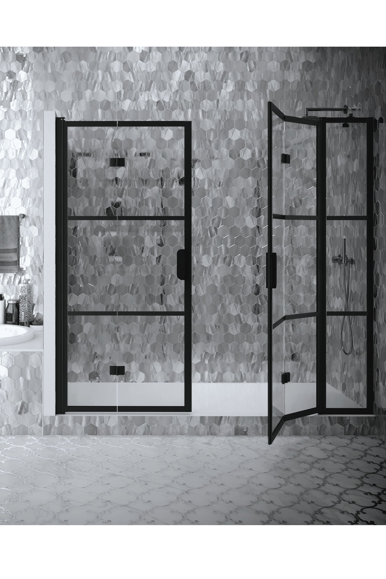 Alcove shower screen Hietakari Bläk 839 Tokyo, hinged door + hinged door with fixed part – 5