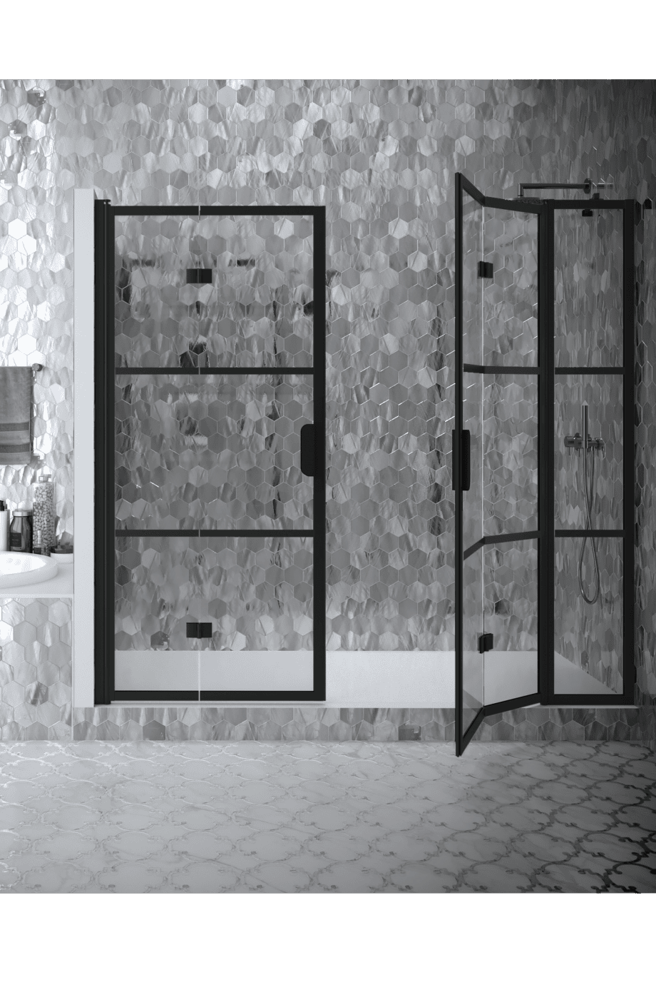 Alcove shower screen Hietakari Bläk 839 Tokyo, Sand frame, bronze tinted glass Alcove shower screen Hietakari Bläk 839 Tokyo, Sand frame, bronze tinted glass