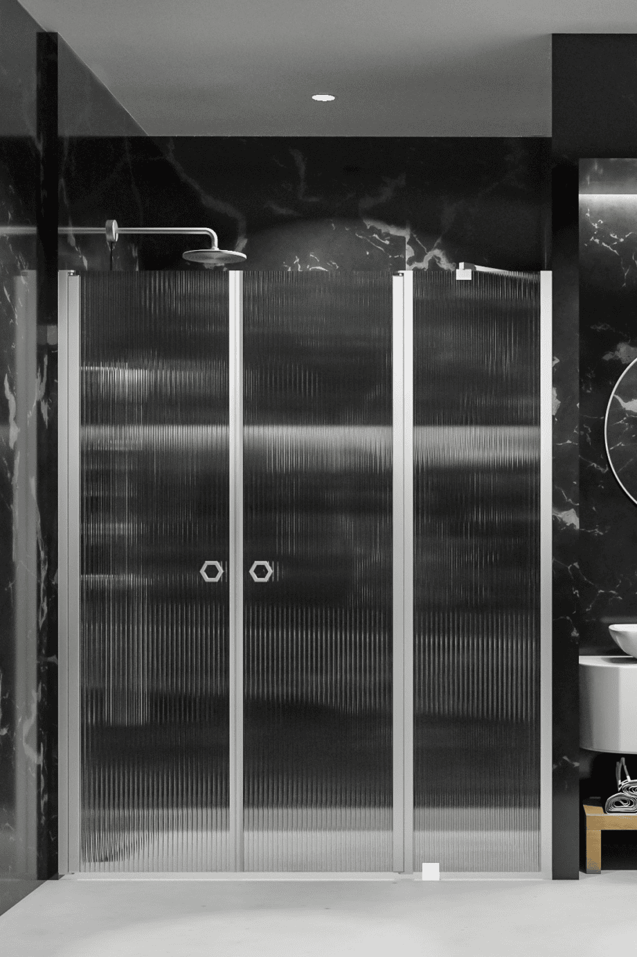 Alcove shower screen Hietakari Forma 323, aluminium frame, reeded glass