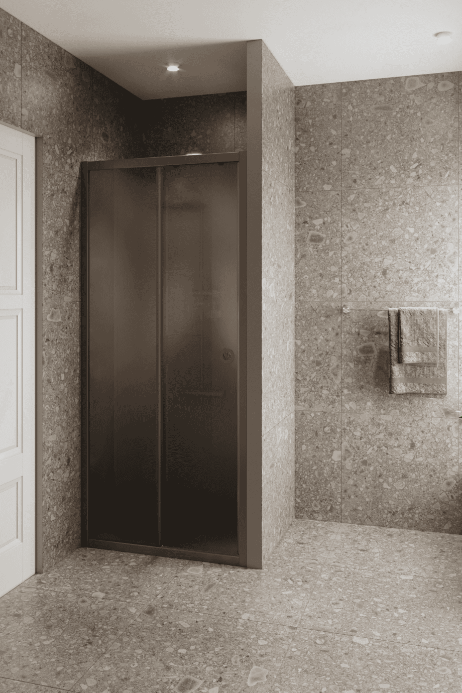 Alcove shower screen Hietakari Forma 462, Mocha frame, grey satin glass Alcove shower screen Hietakari Forma 462, Mocha frame, grey satin glass