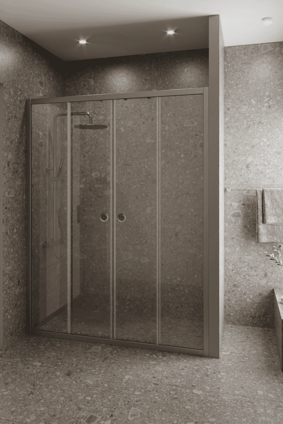 Alcove shower screen Hietakari Forma 464, fixed wall + fixed wall + sliding door + sliding door – view 4 Alcove shower screen Hietakari Forma 464, fixed wall + fixed wall + sliding door + sliding door – 4
