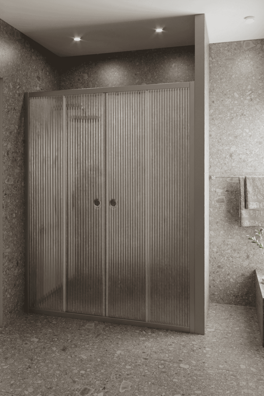 Alcove shower screen Hietakari Forma 464, aluminium frame, reeded glass Alcove shower screen Hietakari Forma 464, aluminium frame, reeded glass