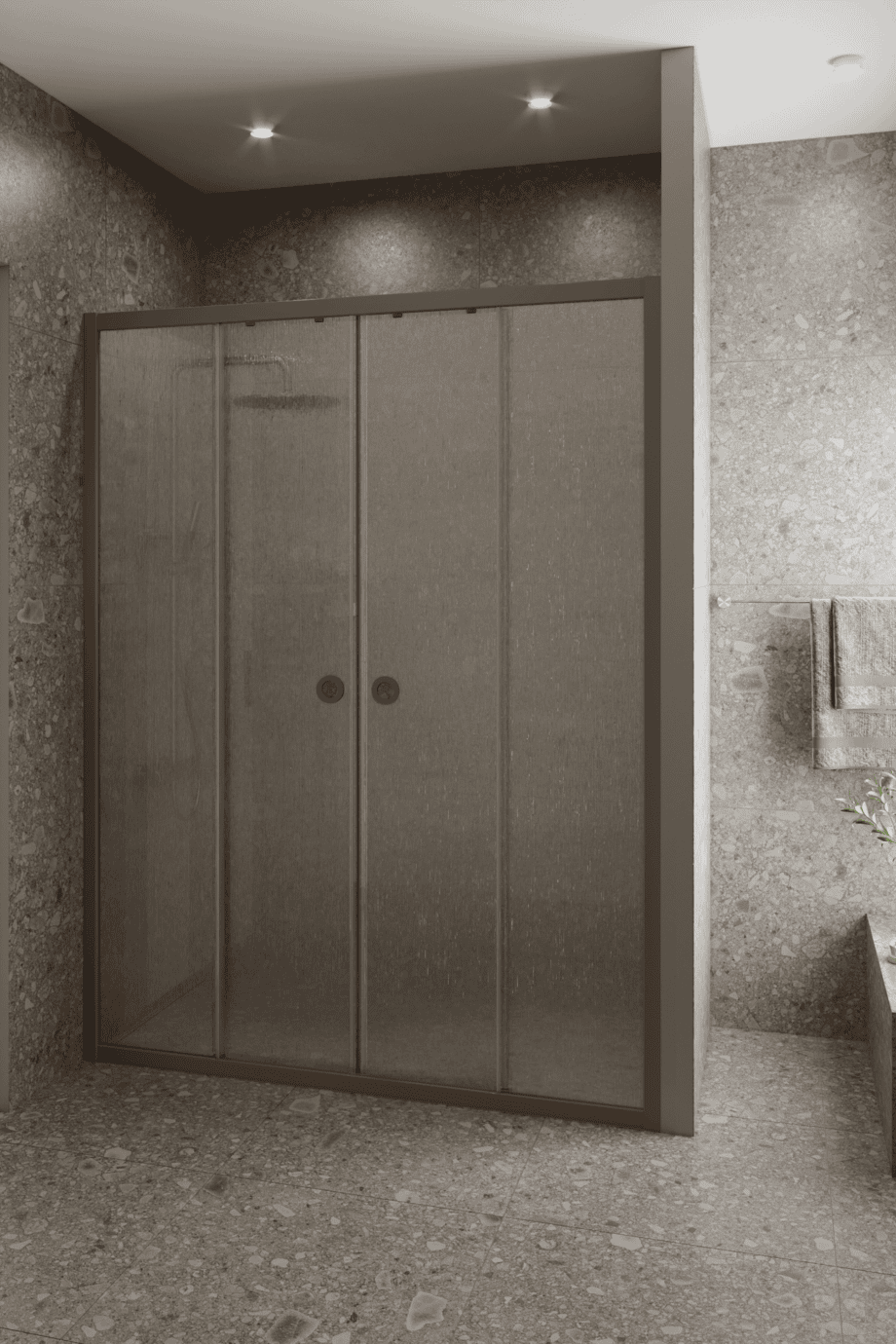 Alcove shower screen Hietakari Forma 464, Mocha frame, Chinchilla patterned glass Alcove shower screen Hietakari Forma 464, Mocha frame, Chinchilla patterned glass
