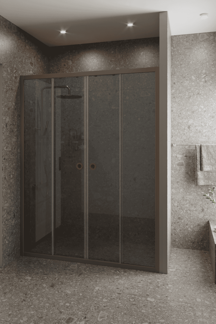 Alcove shower screen Hietakari Forma 464, Mocha frame, grey tinted glass Alcove shower screen Hietakari Forma 464, Mocha frame, grey tinted glass