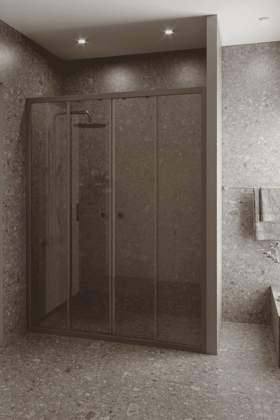 Alcove shower screen Hietakari Forma 464, Mocha frame, bronze tinted glass Alcove shower screen Hietakari Forma 464, Mocha frame, bronze tinted glass
