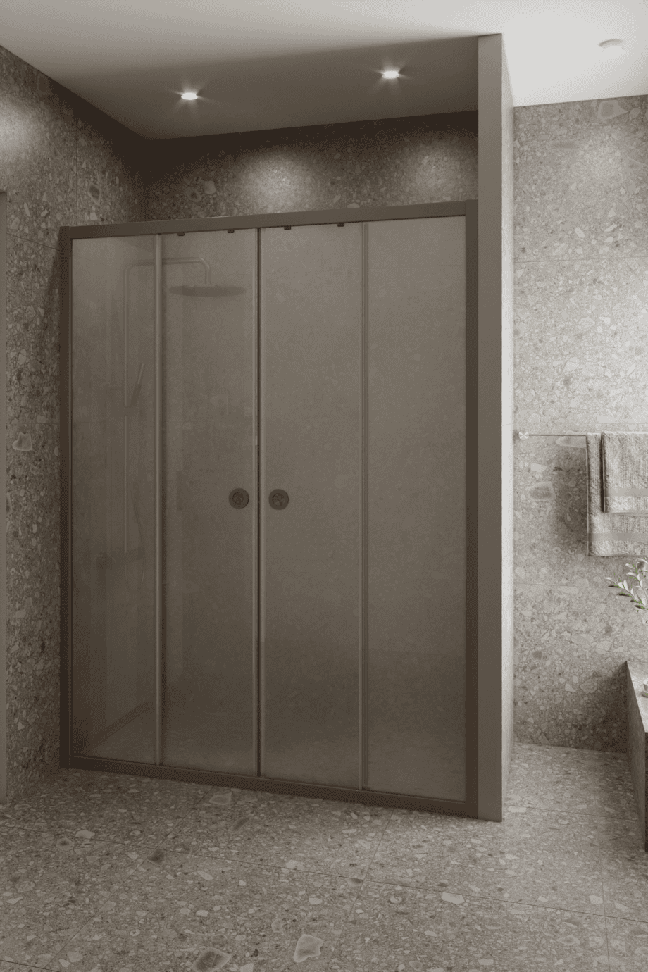 Alcove shower screen Hietakari Forma 464, Mocha frame, satin frosted glass Alcove shower screen Hietakari Forma 464, Mocha frame, satin frosted glass
