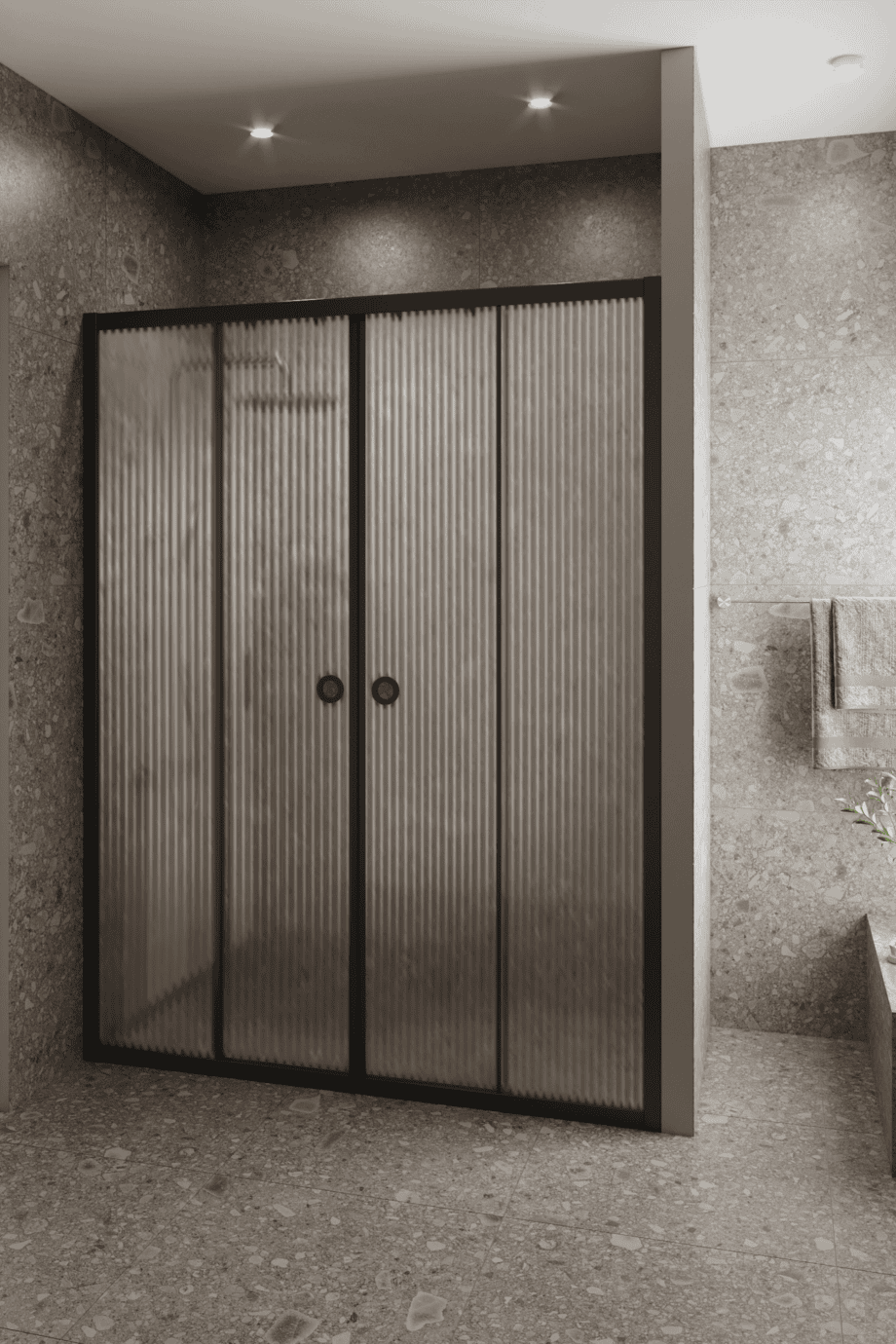 Alcove shower screen Hietakari Forma 464, black frame, reeded glass Alcove shower screen Hietakari Forma 464, black frame, reeded glass