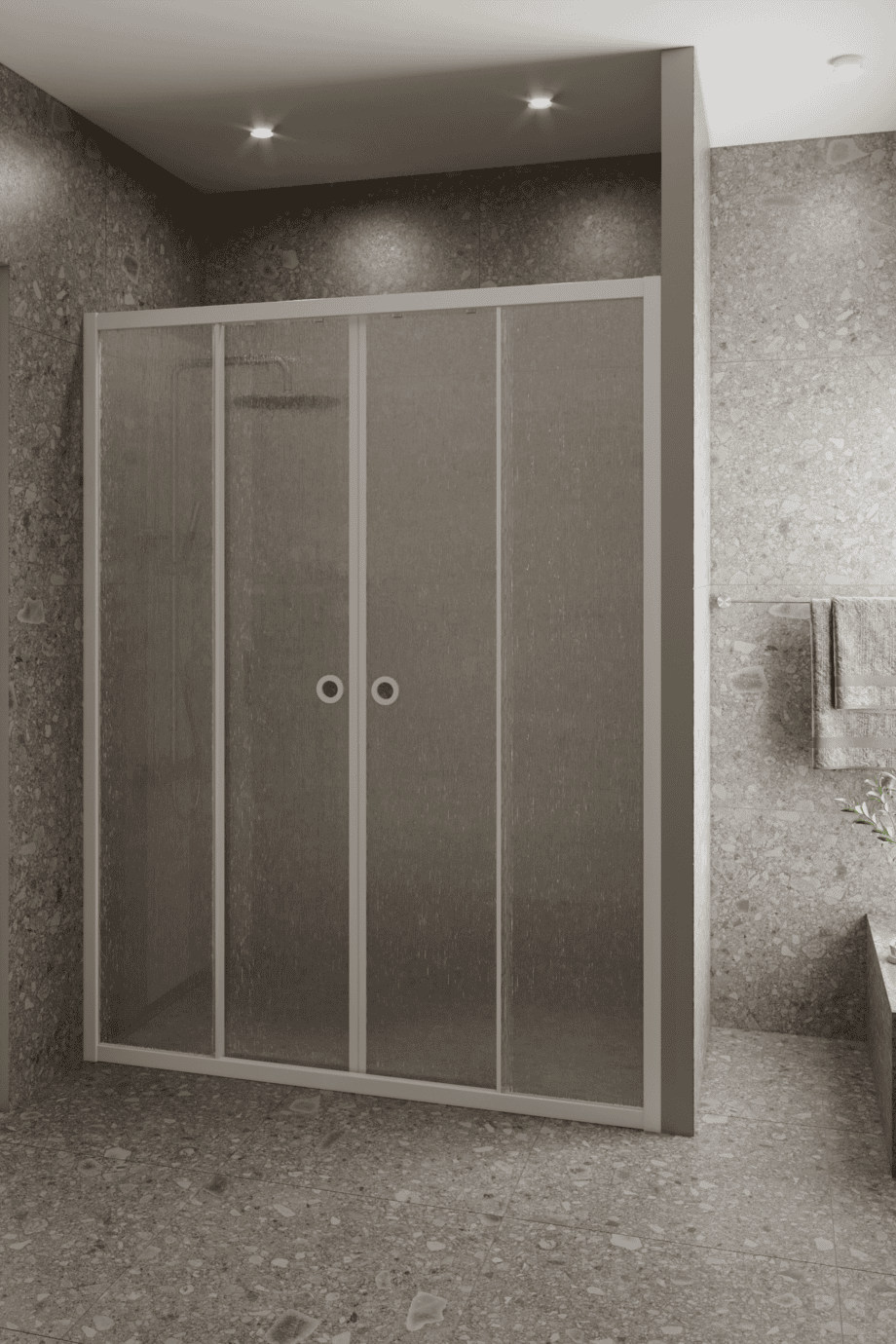 Alcove shower screen Hietakari Forma 464, white frame, Chinchilla patterned glass Alcove shower screen Hietakari Forma 464, white frame, Chinchilla patterned glass