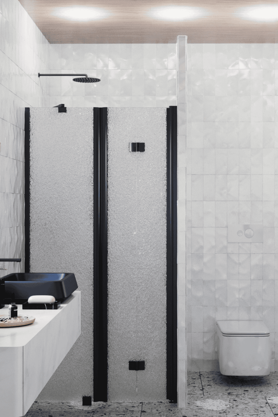 Alcove shower screen Hietakari Infinia 238, black frame, Chinchilla patterned glass Alcove shower screen Hietakari Infinia 238, black frame, Chinchilla patterned glass
