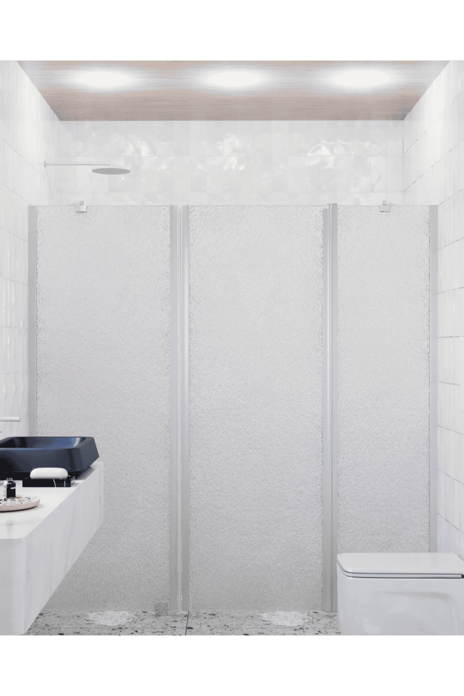 Alcove shower screen Hietakari Infinia 239, aluminium frame, Chinchilla patterned glass