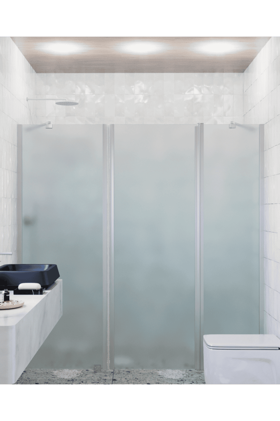 Alcove shower screen Hietakari Infinia 239, aluminium frame, satin frosted glass