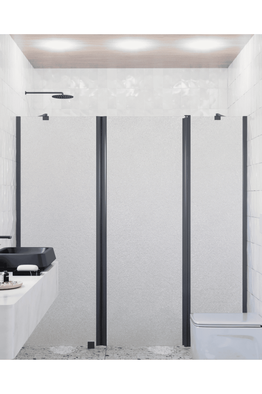 Alcove shower screen Hietakari Infinia 239, black frame, Chinchilla patterned glass