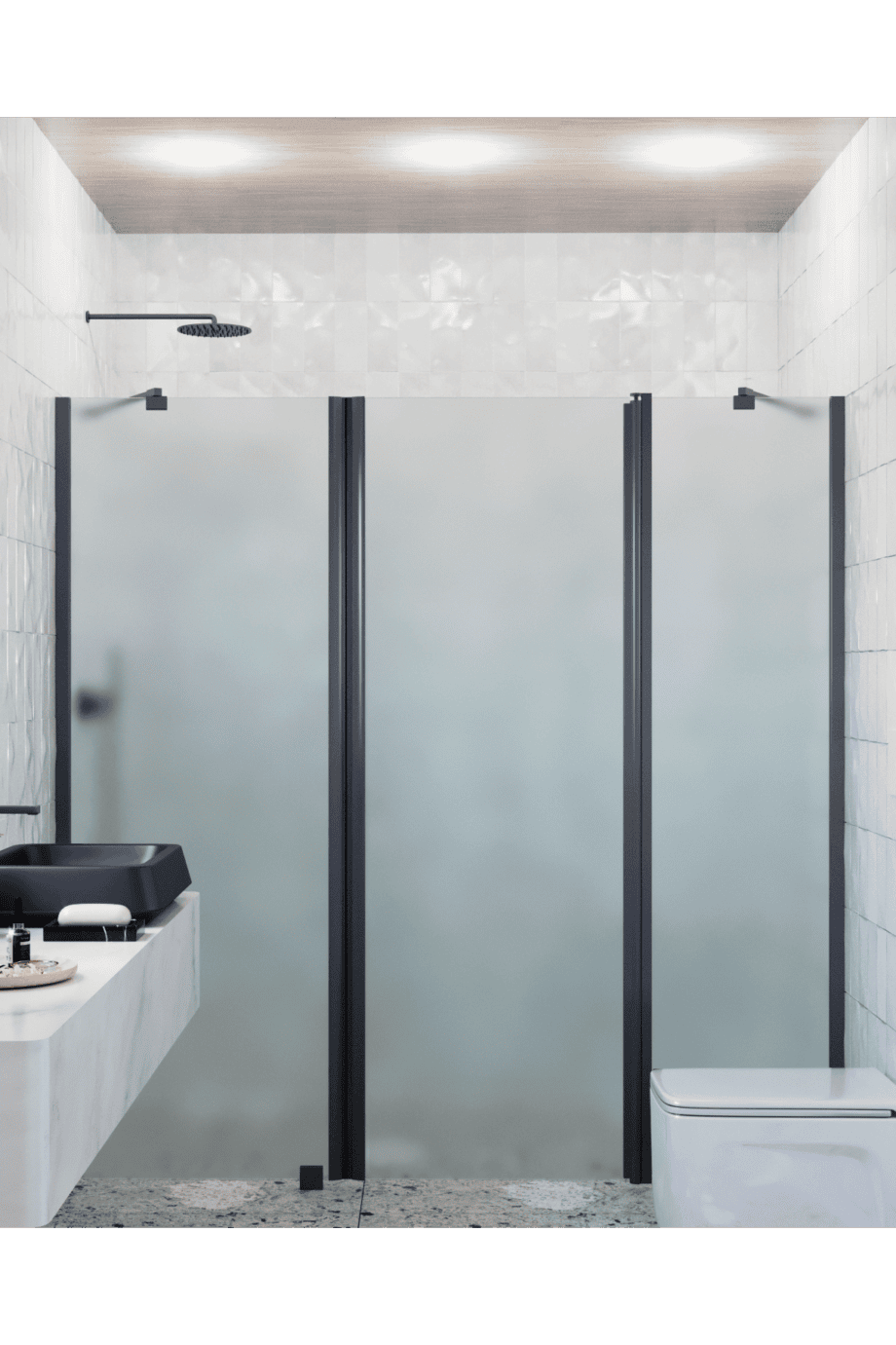 Alcove shower screen Hietakari Infinia 239, black frame, satin frosted glass