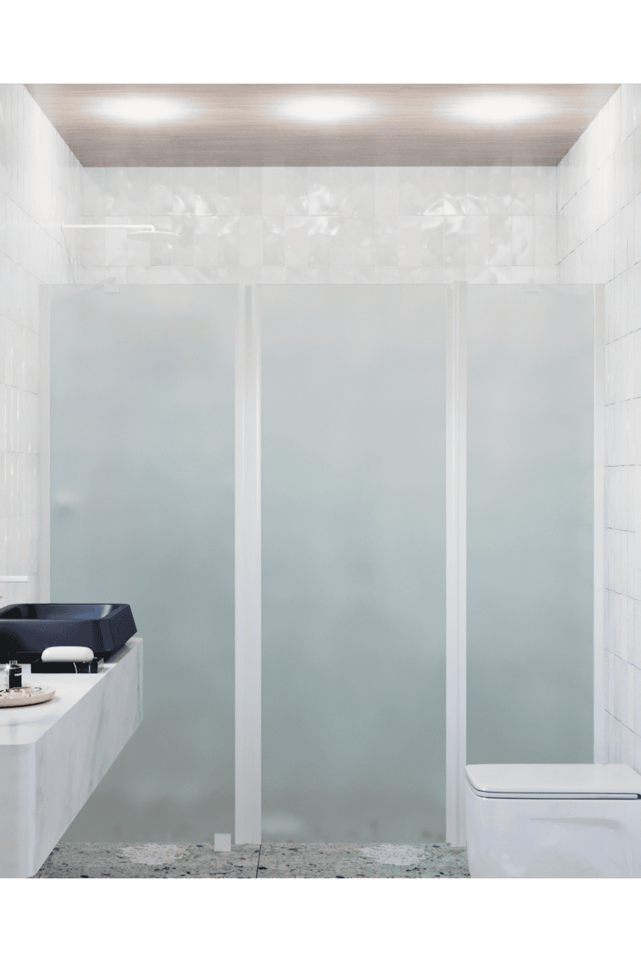 Alcove shower screen Hietakari Infinia 239, white frame, satin frosted glass