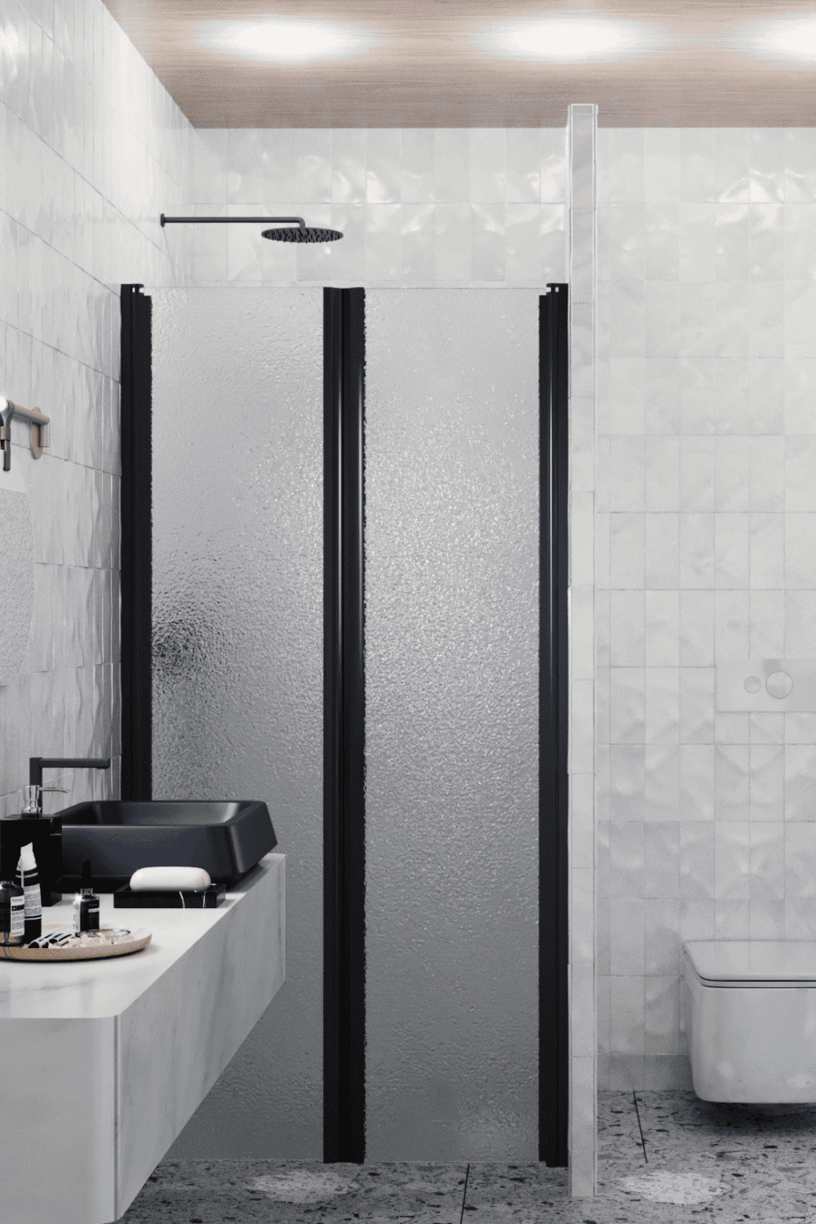 Alcove shower screen Hietakari Infinia 241, black frame, Chinchilla patterned glass Alcove shower screen Hietakari Infinia 241, black frame, Chinchilla patterned glass