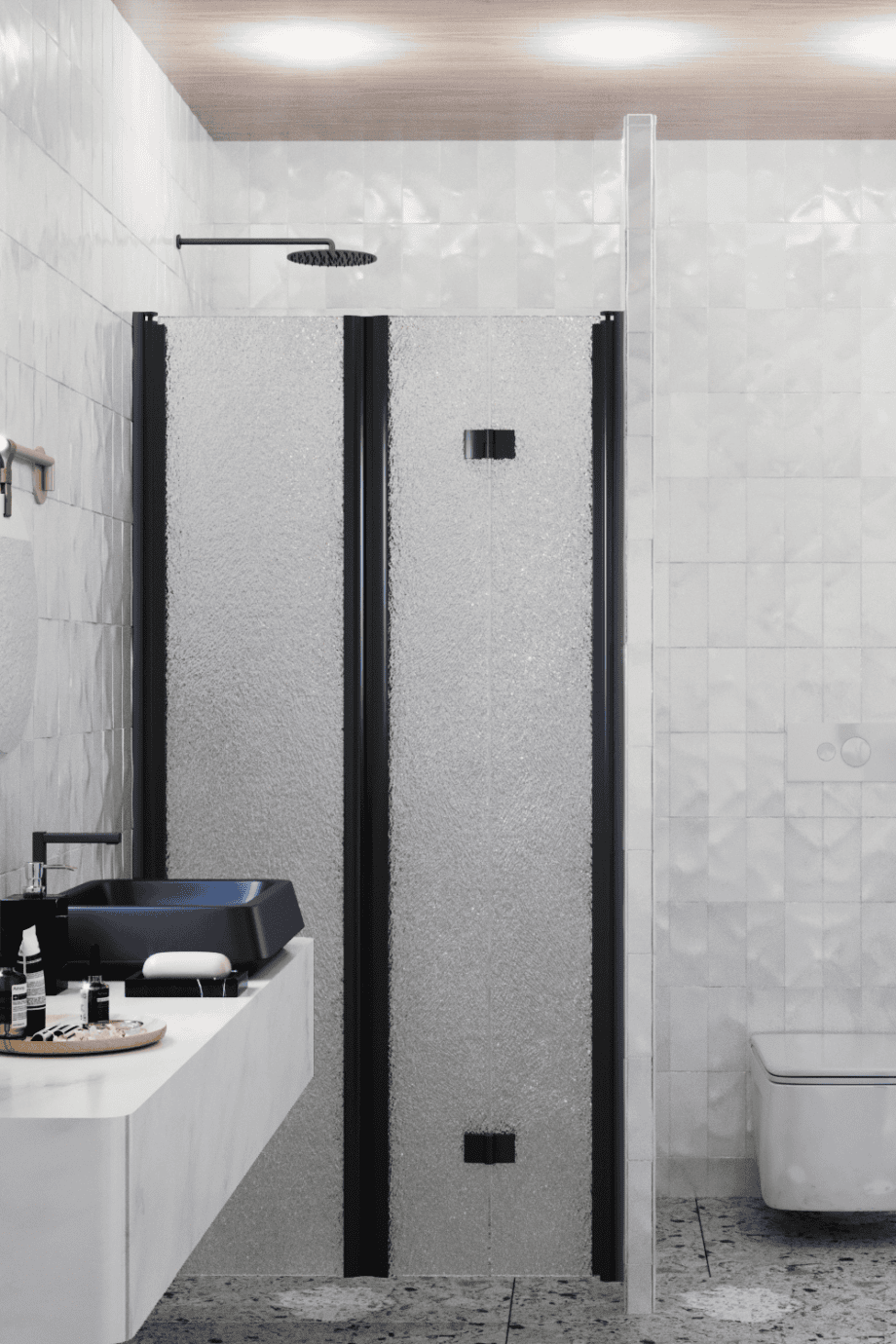 Alcove shower screen Hietakari Infinia 242, black frame, Chinchilla patterned glass Alcove shower screen Hietakari Infinia 242, black frame, Chinchilla patterned glass