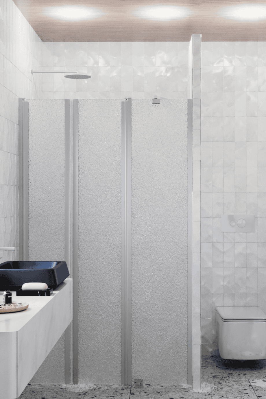 Alcove shower screen Hietakari Infinia 243, aluminium frame, Chinchilla patterned glass