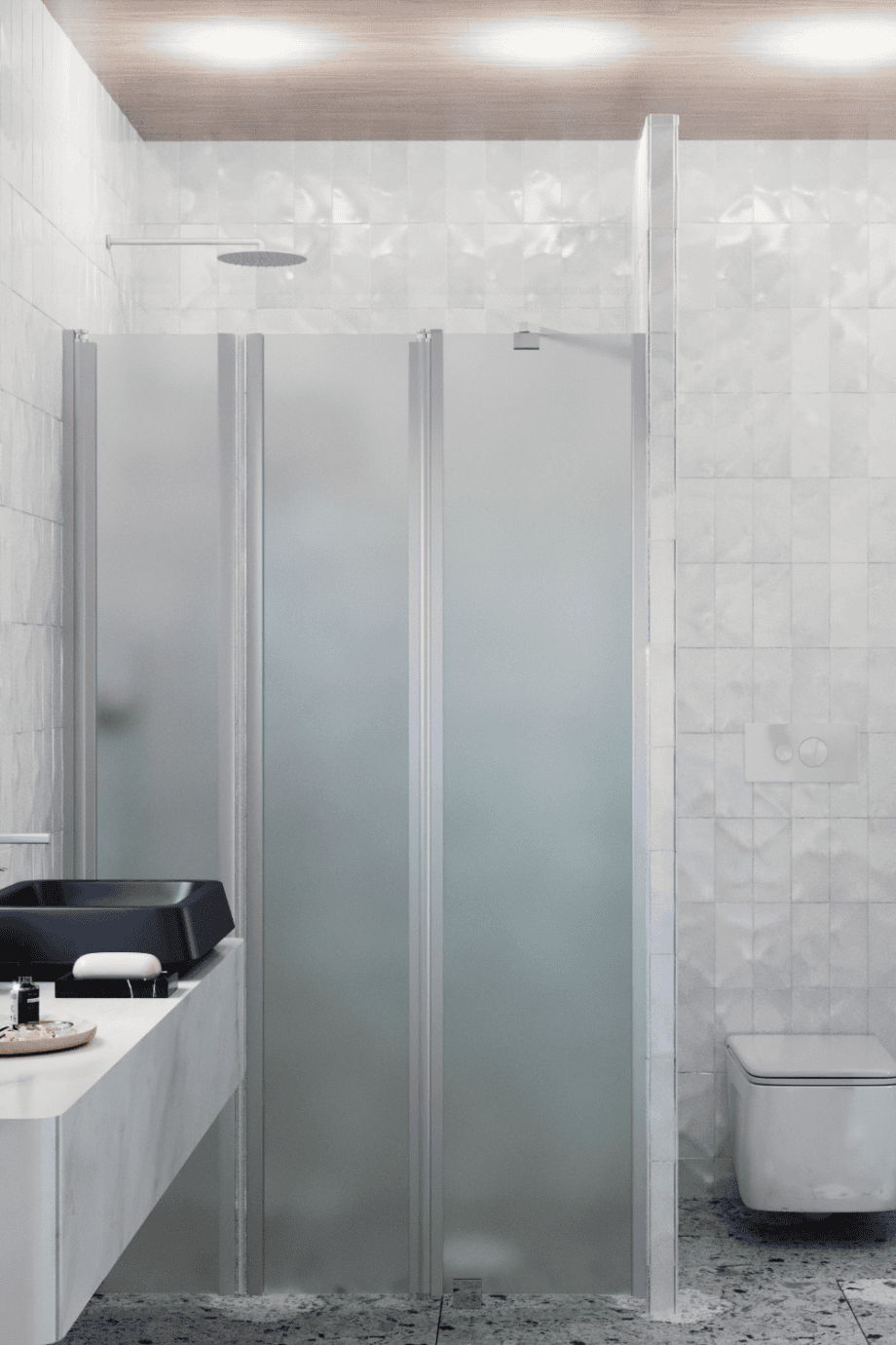 Alcove shower screen Hietakari Infinia 243, aluminium frame, satin frosted glass