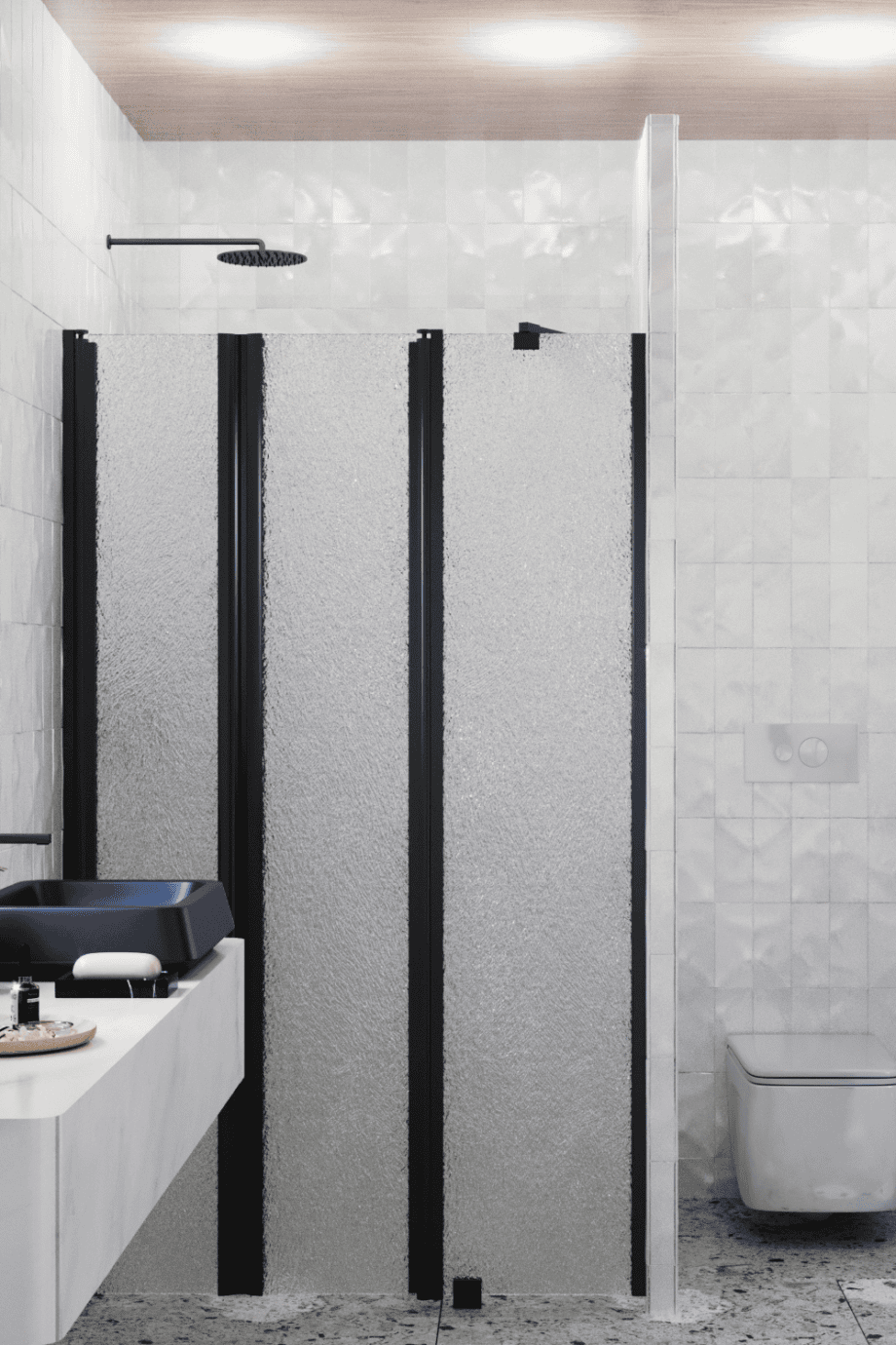 Alcove shower screen Hietakari Infinia 243, black frame, Chinchilla patterned glass